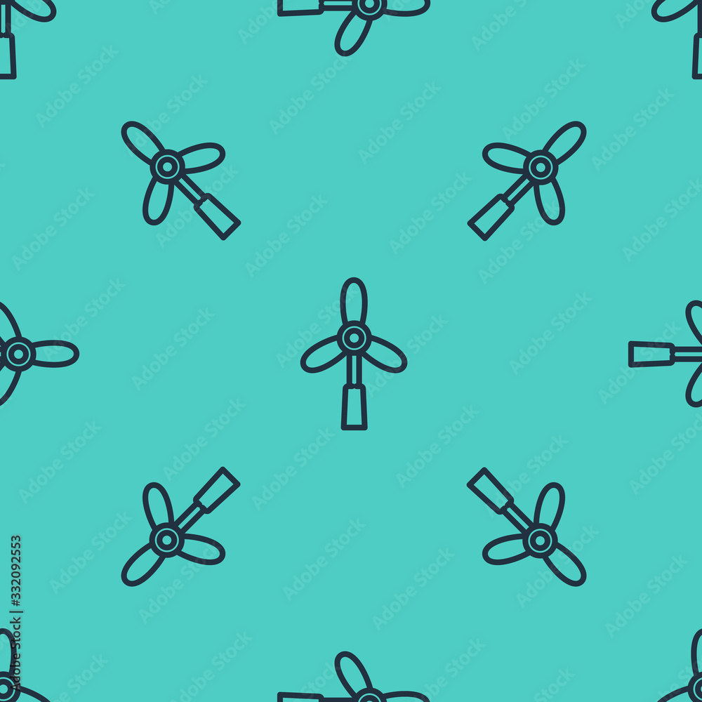 Black line Wind turbine icon isolated seamless pattern on green background. Wind generator sign. Win