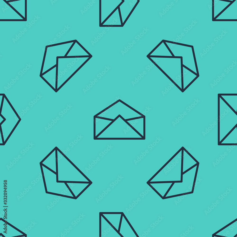 Black line Envelope icon isolated seamless pattern on green background. Email message letter symbol.