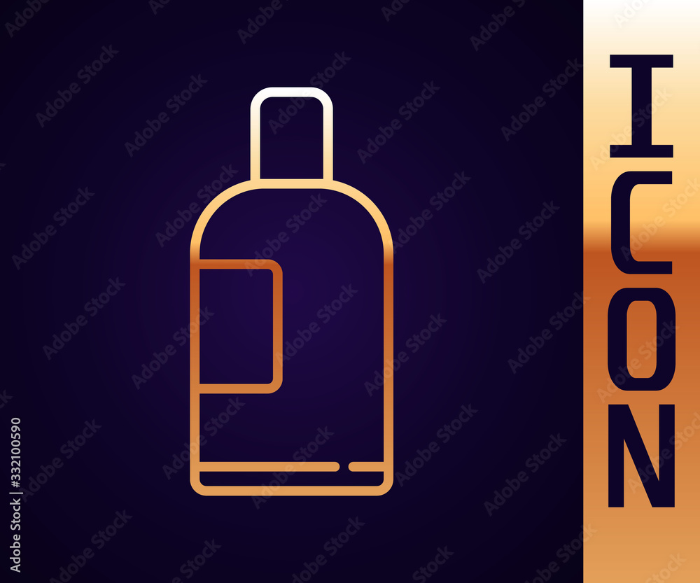 Gold line Bottle of shampoo icon isolated on black background. Vector Illustration