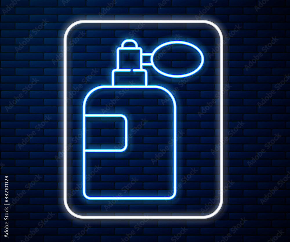 Glowing neon line Perfume icon isolated on brick wall background. Vector Illustration