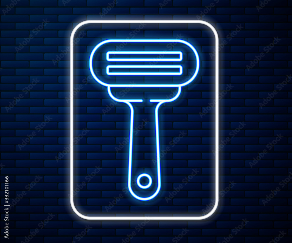 Glowing neon line Shaving razor icon isolated on brick wall background. Vector Illustration