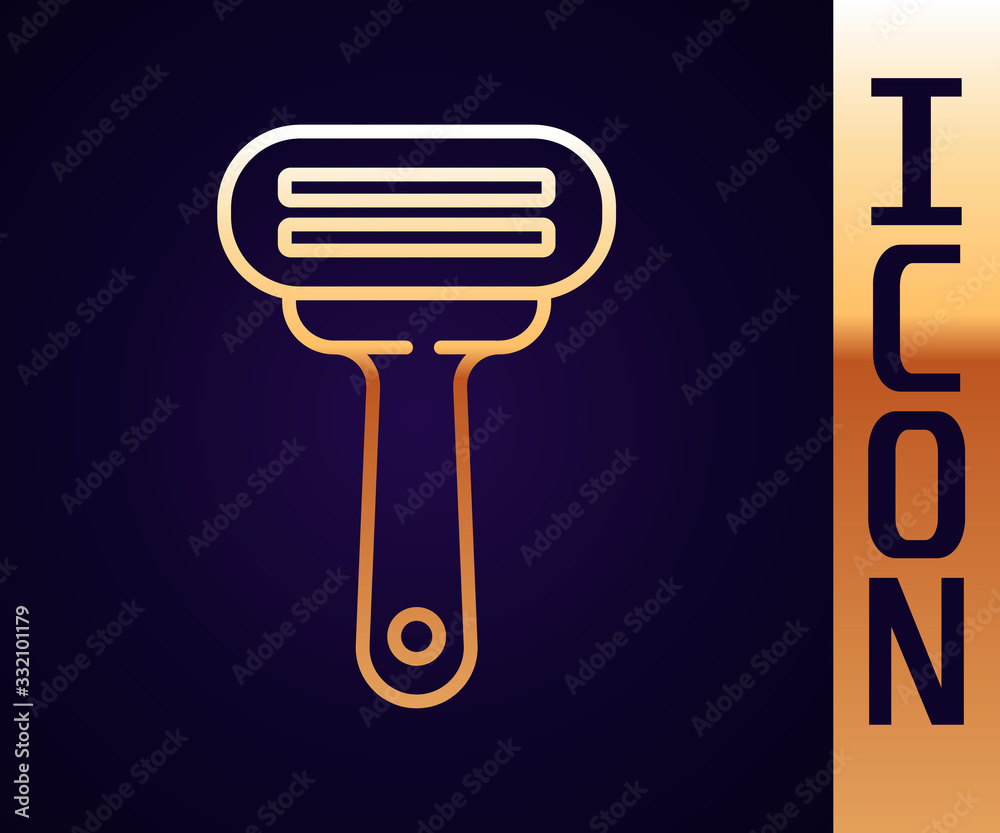 Gold line Shaving razor icon isolated on black background. Vector Illustration