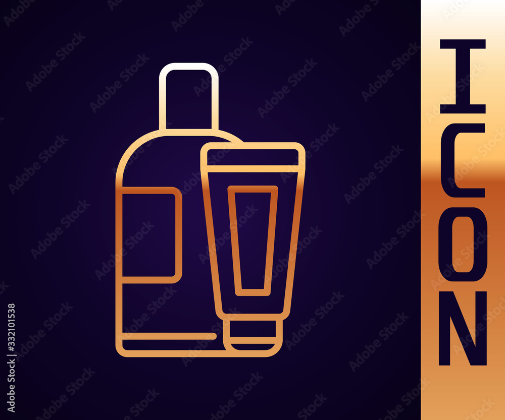 Gold line Cream or lotion cosmetic tube icon isolated on black background. Body care products for me