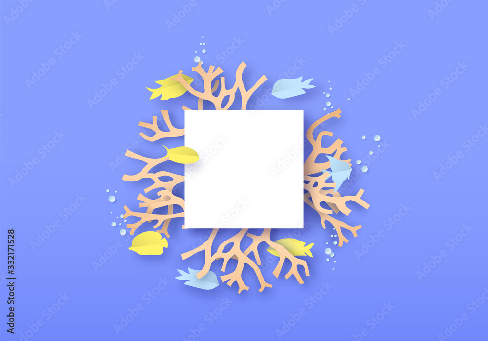 Coral reef paper cut template with colorful fish