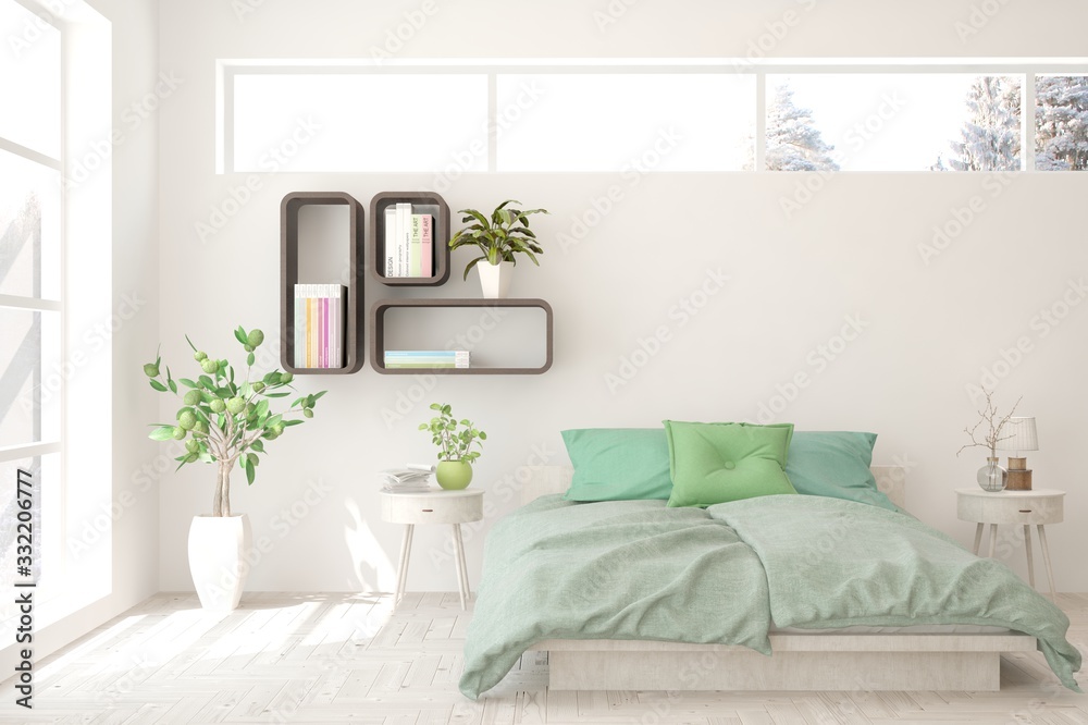 White bedroom interior. Scandinavian design. 3D illustration