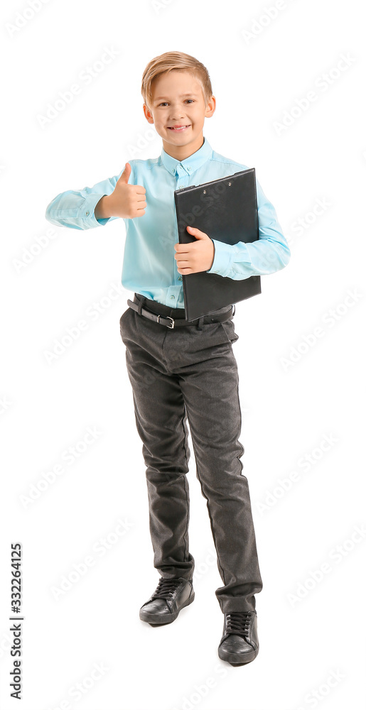 Portrait of little real estate agent showing thumb-up gesture on white background