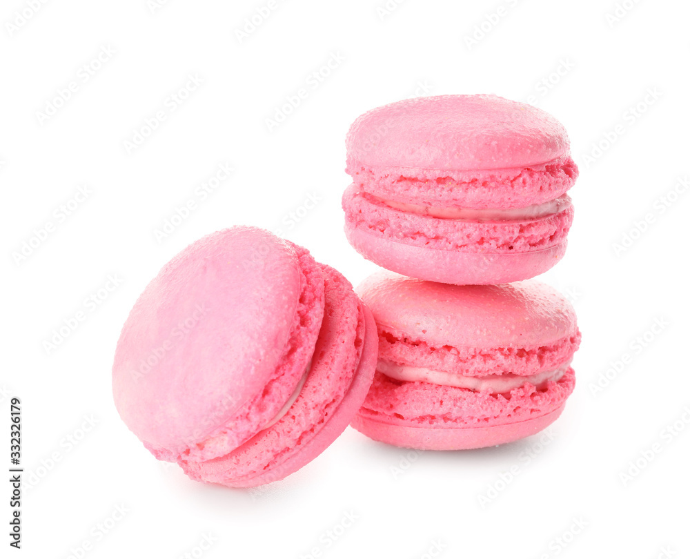 Tasty macarons on white background