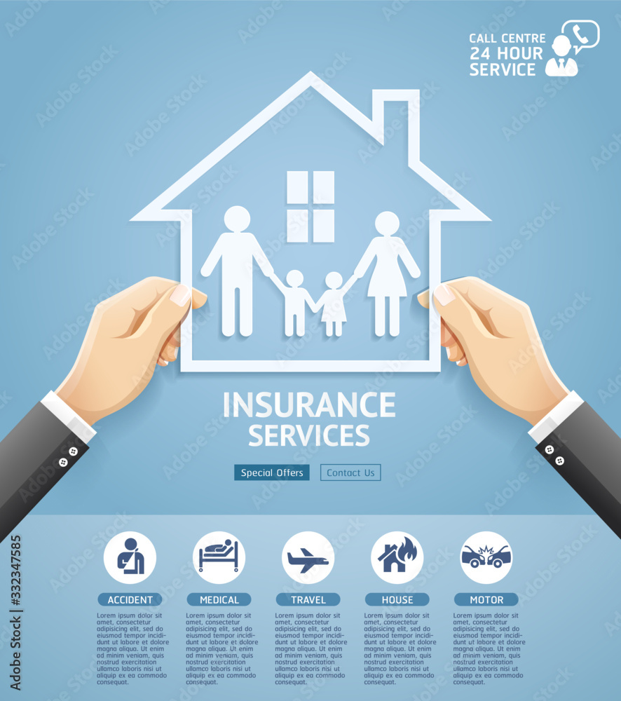 Insurance policy services conceptual design. Hand holding a paper family in house. Vector Illustrati