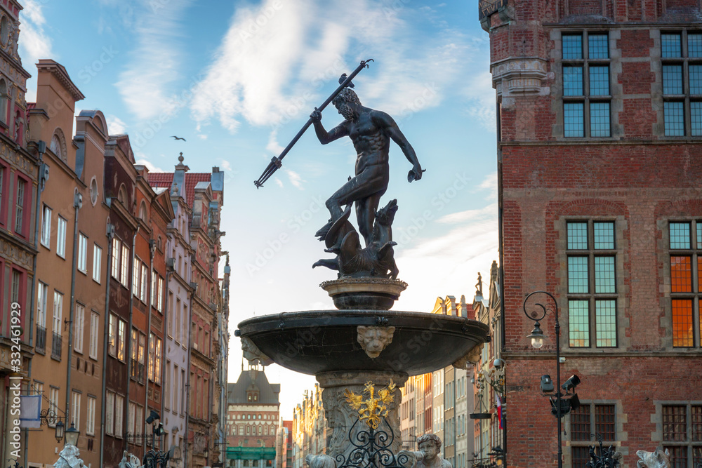 Fountain of Neptune in old town in Gdansk, symbol of the city. Poland