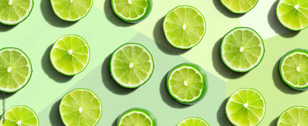 Fresh green limes overhead view - flat lay