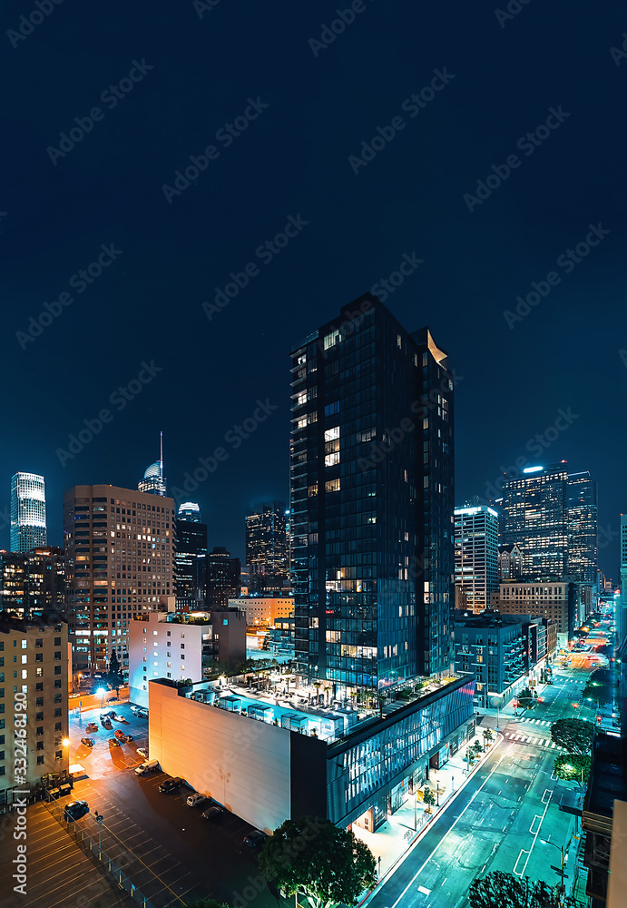 Aerial view of Downtown Los Angeles, CA at night