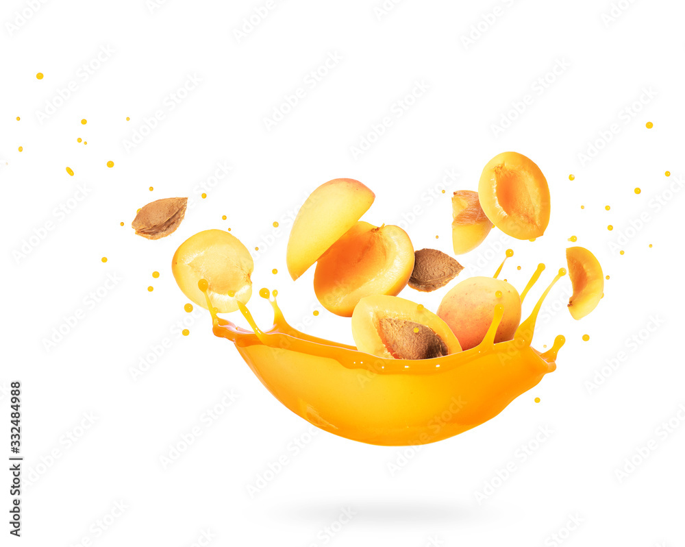 Sliced apricots with splashes of fresh juice isolated on a white background