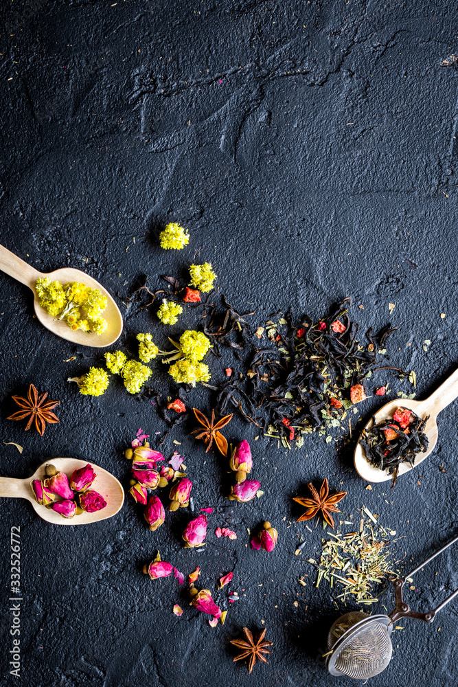 Herbs and spoons black background mockup top view