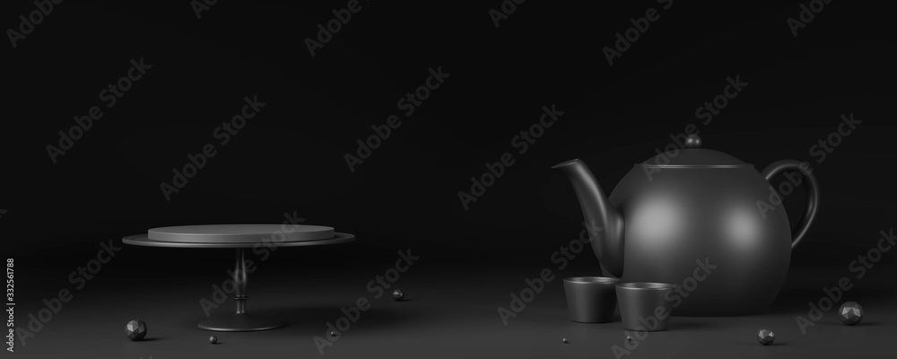 Set of afternoon tea. Black 3D minimal cake stand with teapot and cups.