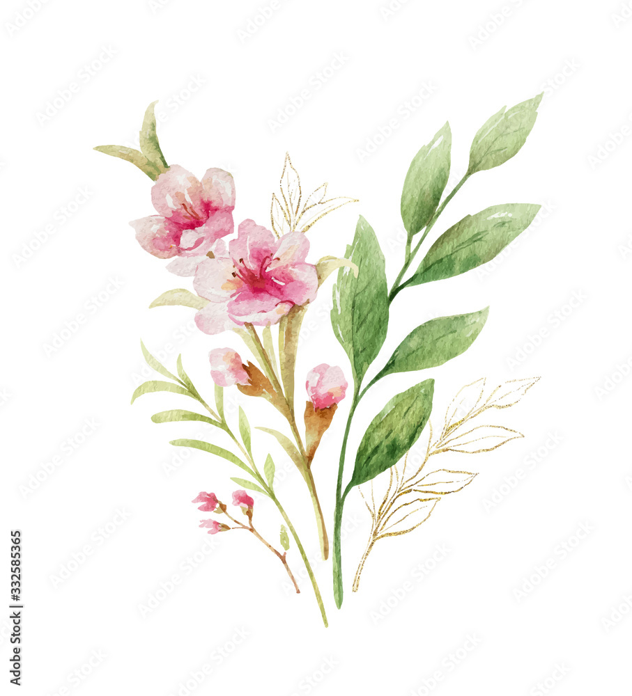 Watercolor vector bouquet of pink flowers and almond leaves.