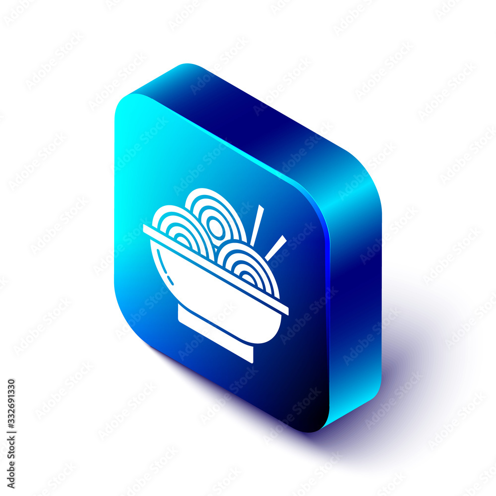 Isometric Asian noodles in bowl and chopsticks icon isolated on white background. Street fast food. 