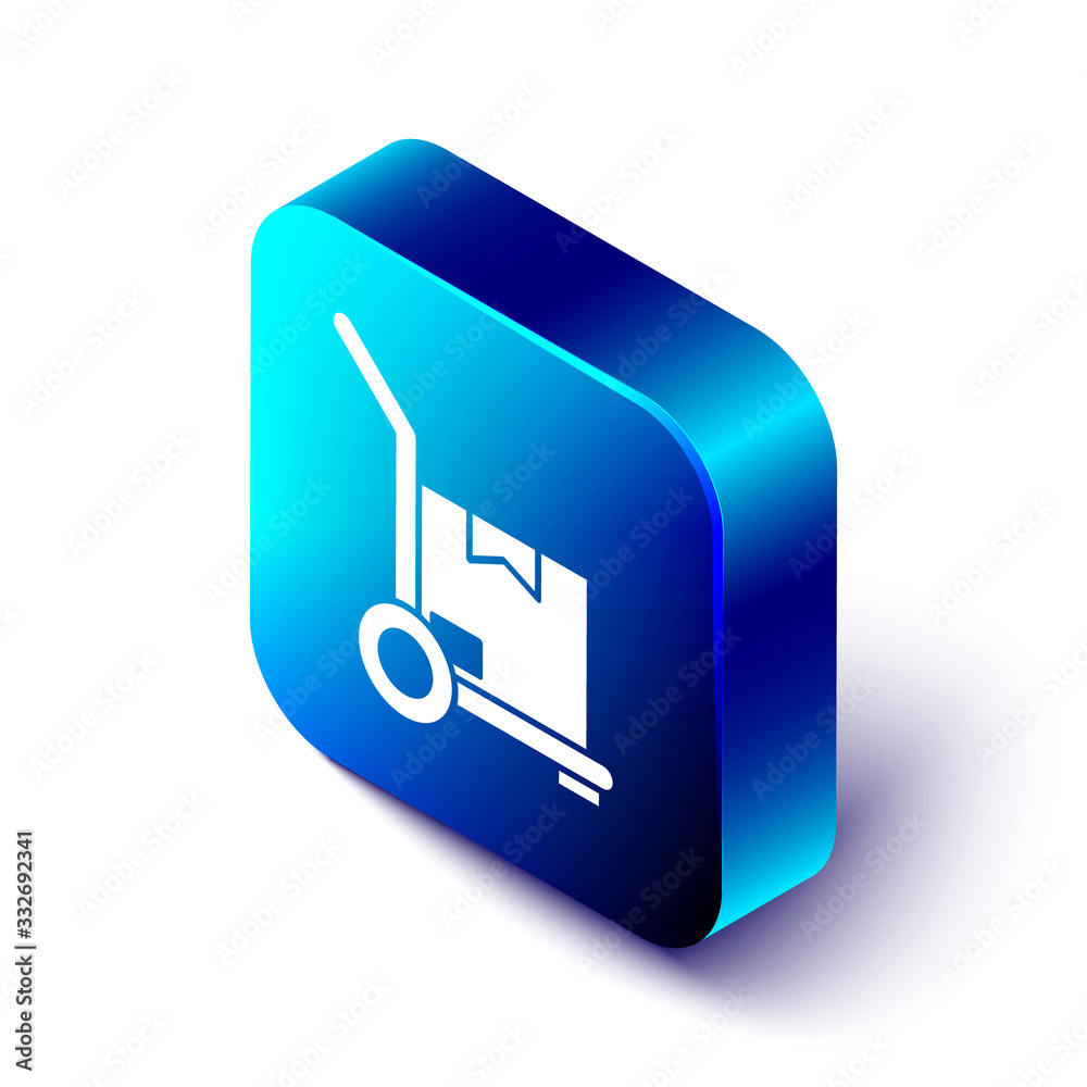 Isometric Hand truck and boxes icon isolated on white background. Dolly symbol. Blue square button. 