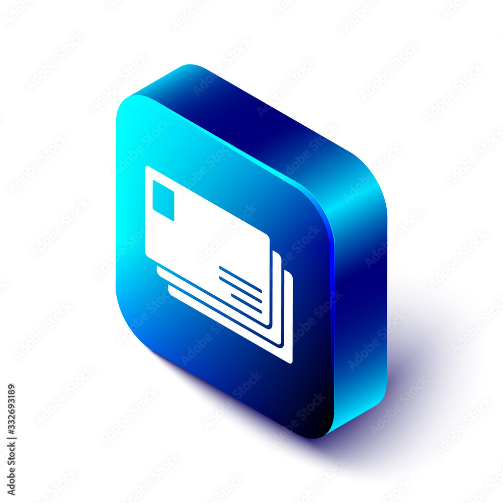 Isometric Envelope icon isolated on white background. Email message letter symbol. Blue square butto