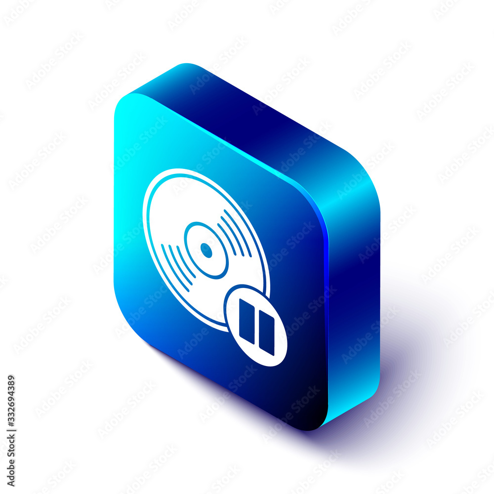 Isometric Vinyl disk icon isolated on white background. Blue square button. Vector Illustration