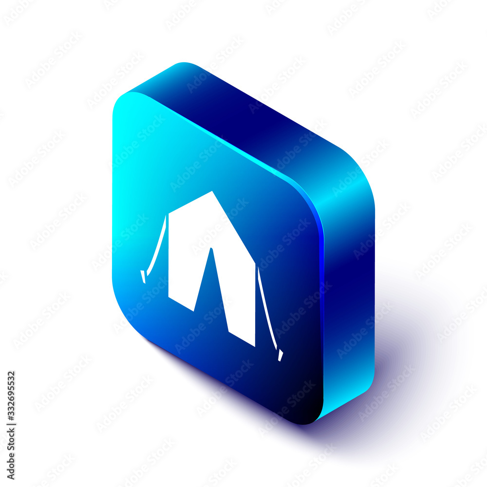 Isometric Tourist tent icon isolated on white background. Camping symbol. Blue square button. Vector