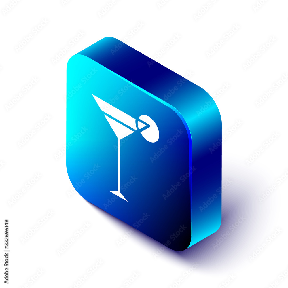 Isometric Martini glass icon isolated on white background. Cocktail icon. Wine glass icon. Blue squa