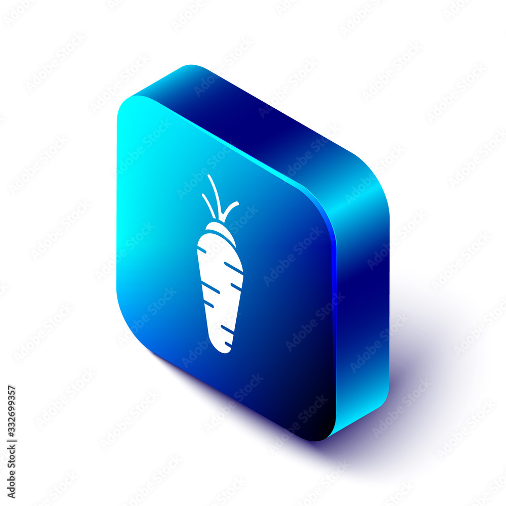 Isometric Carrot icon isolated on white background. Blue square button. Vector Illustration