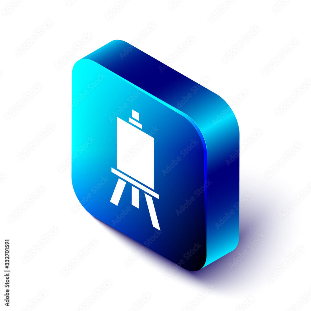 Isometric Wood easel or painting art boards icon isolated on white background. Blue square button. V