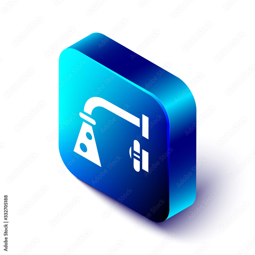 Isometric Water tap icon isolated on white background. Blue square button. Vector Illustration