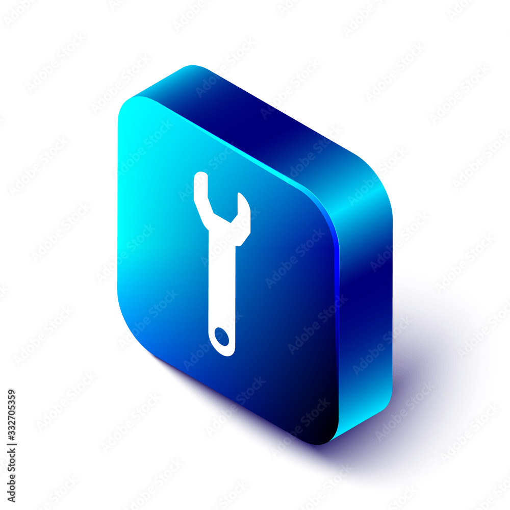 Isometric Wrench spanner icon isolated on white background. Blue square button. Vector Illustration