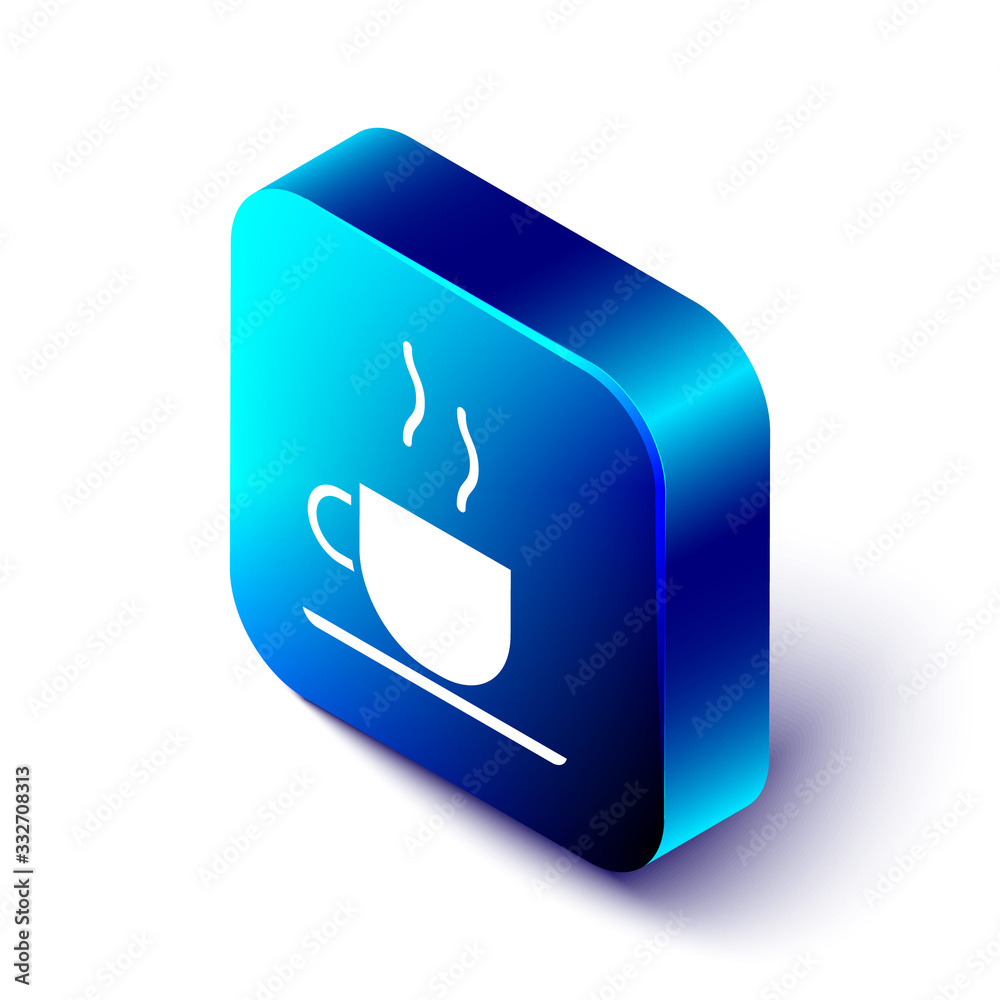 Isometric Coffee cup icon isolated on white background. Tea cup. Hot drink coffee. Blue square butto