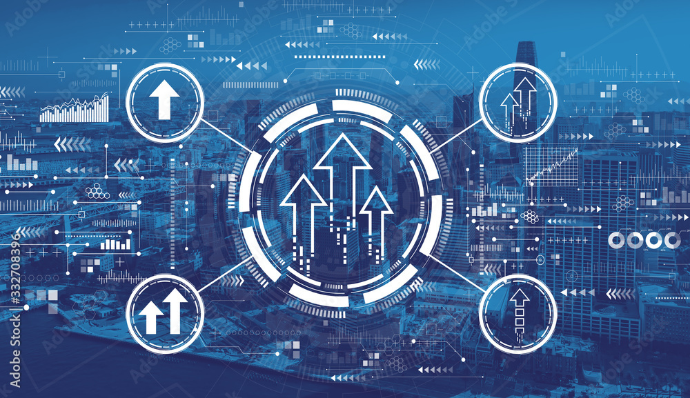 Rising arrow theme with downtown San Francisco skyline buildings