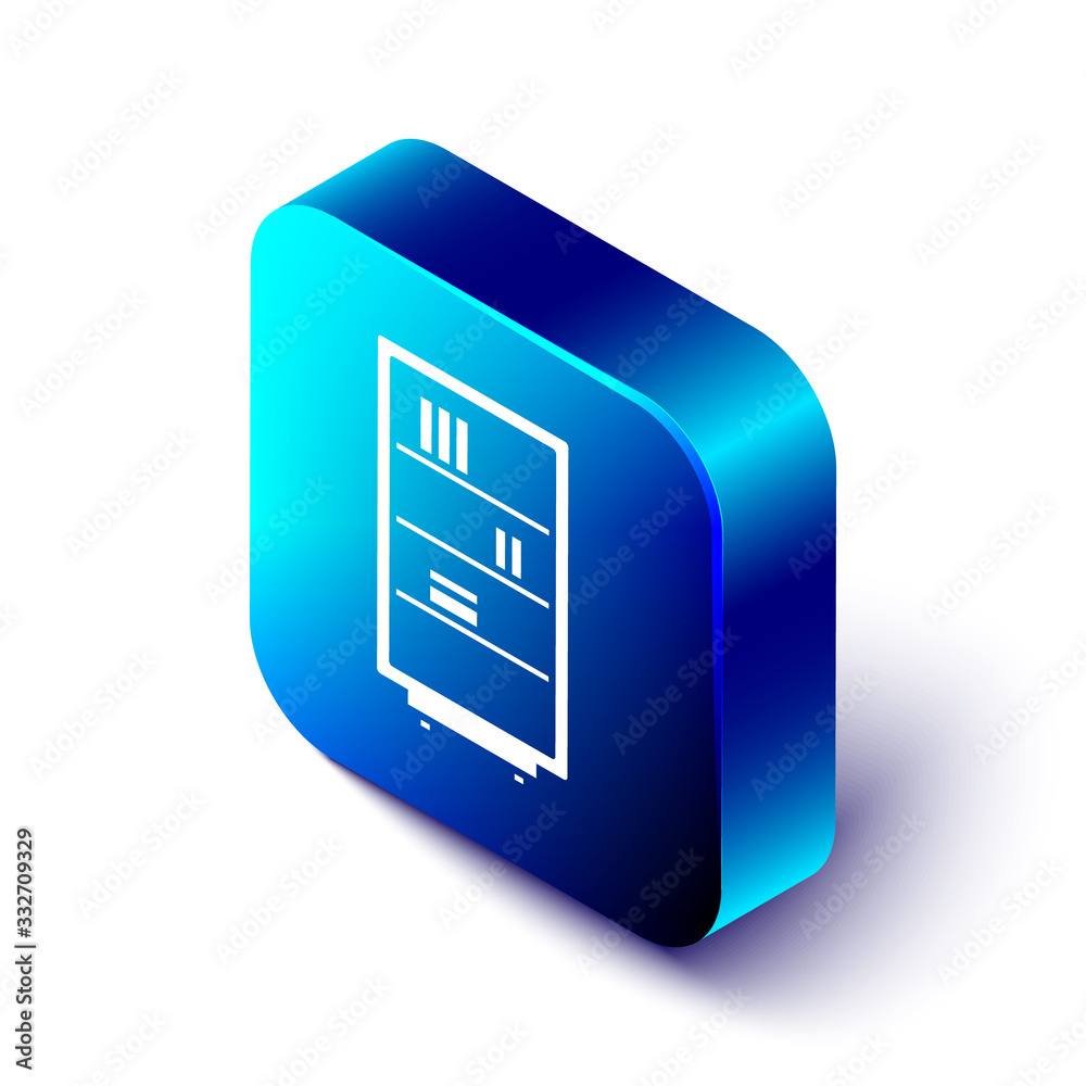 Isometric Library bookshelf icon isolated on white background. Blue square button. Vector Illustrati