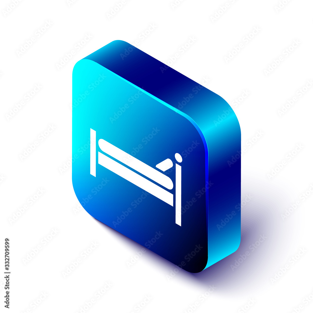 Isometric Bed icon isolated on white background. Blue square button. Vector Illustration