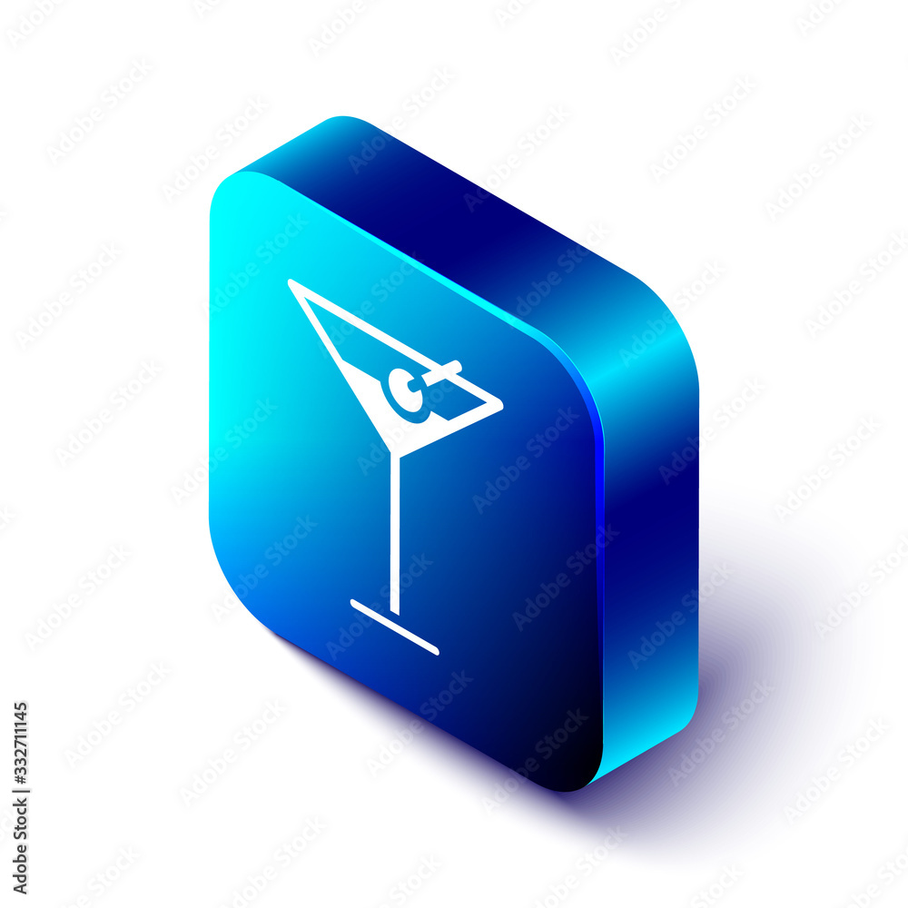 Isometric Martini glass icon isolated on white background. Cocktail icon. Wine glass icon. Blue squa