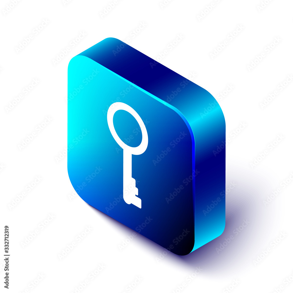 Isometric Old key icon isolated on white background. Blue square button. Vector Illustration