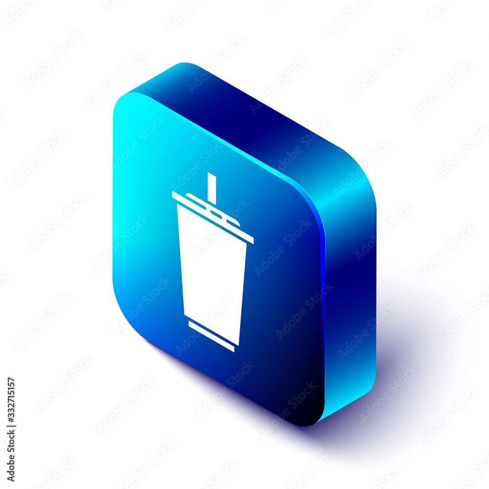 Isometric Paper glass with drinking straw and water icon isolated on white background. Soda drink gl