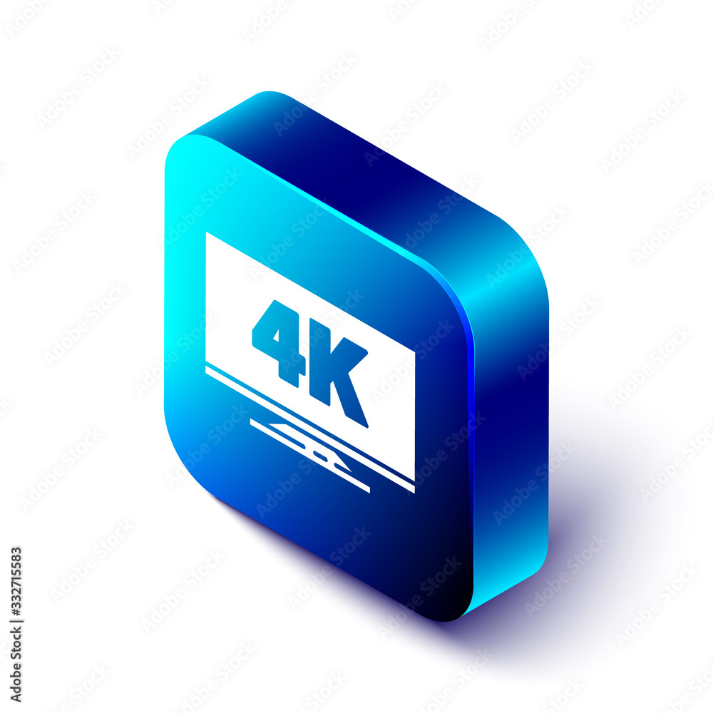 Isometric Screen tv with 4k Ultra HD video technology icon isolated on white background. Blue square