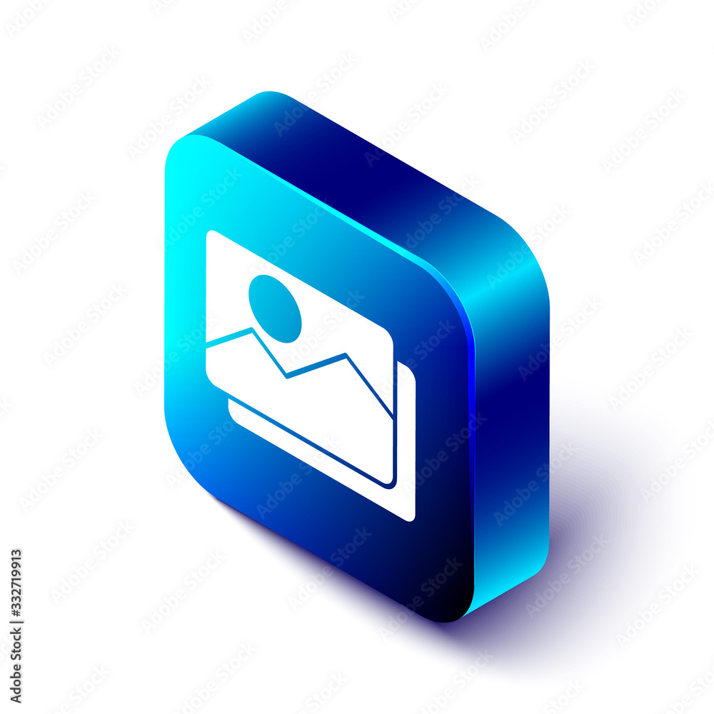 Isometric Picture landscape icon isolated on white background. Blue square button. Vector Illustrati