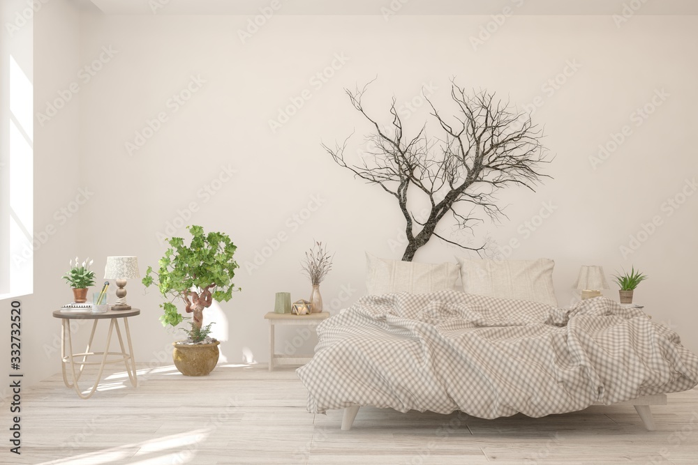 White bedroom interior. Scandinavian design. 3D illustration