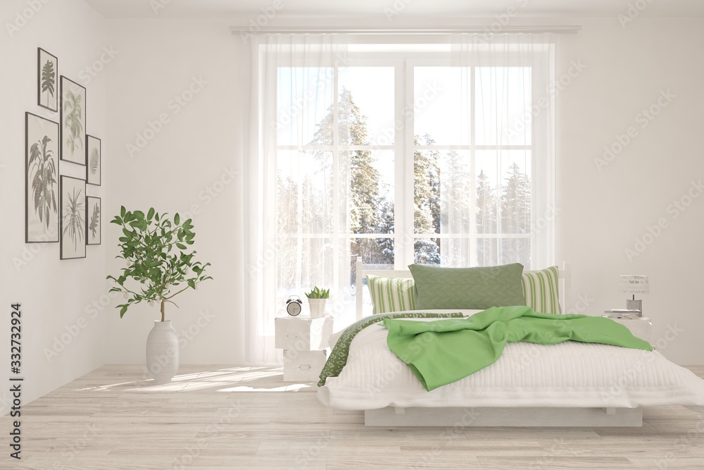 Stylish bedroom in white color with winter landscape in window. Scandinavian interior design. 3D ill