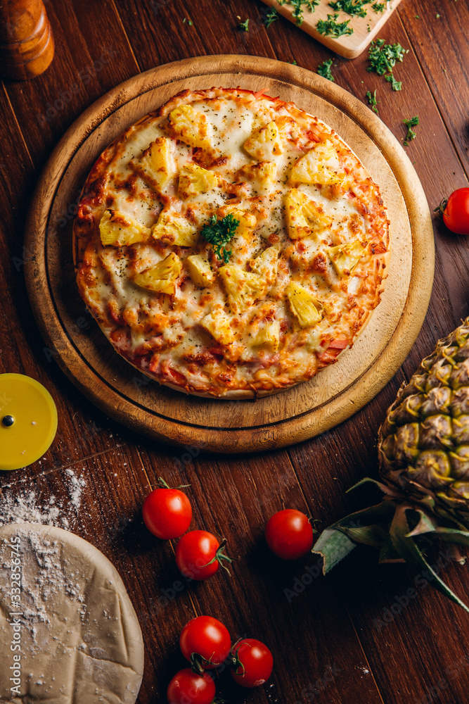 Seafood Italian Pizza on wooden table