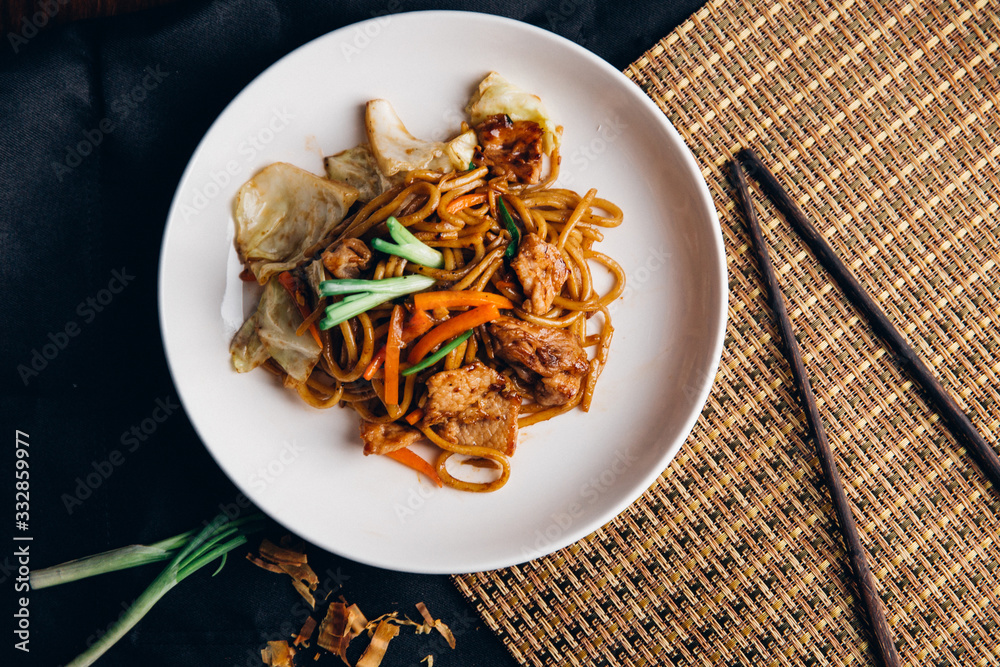 stir-fried yakisoba noodle with pork - Asian food style