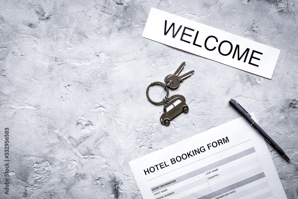 booking hotel room application form stone desk background top view mock up