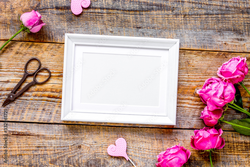 present design with peony bouquet and white frame top view mock up