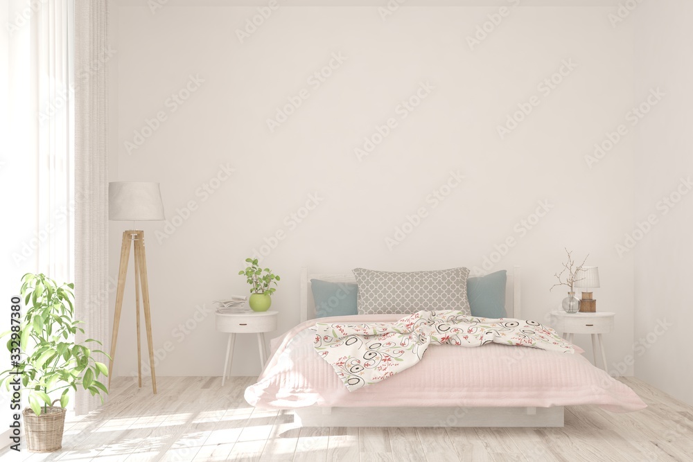 White bedroom interior. Scandinavian design. 3D illustration