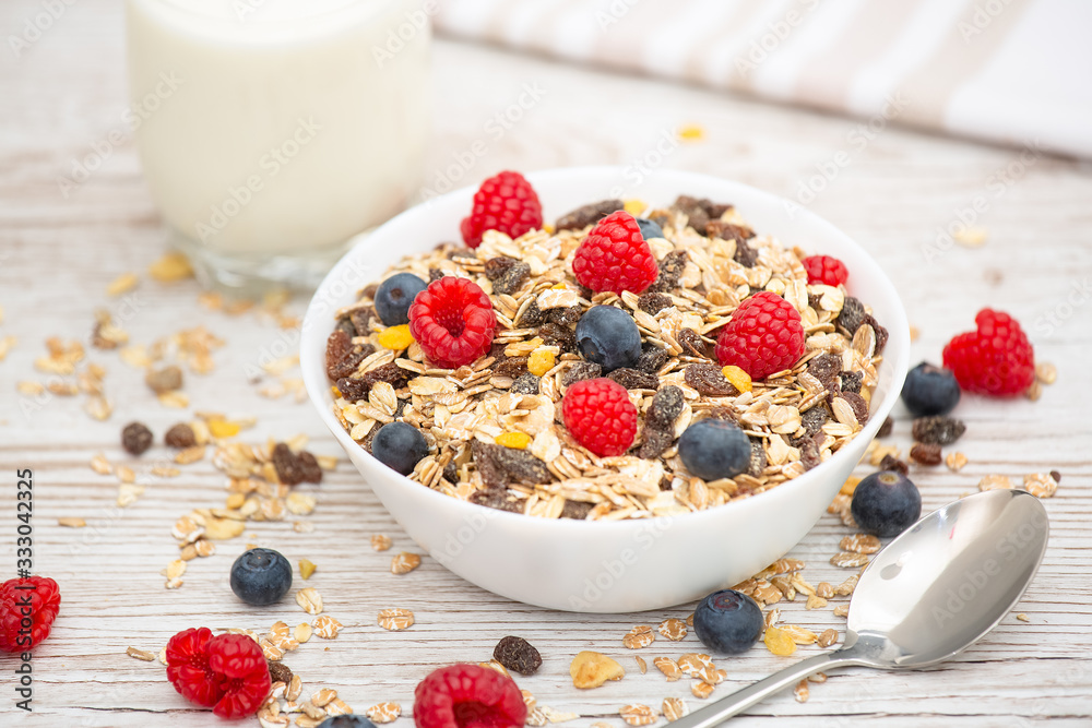 Breakfast Served in the morning with corn flakes Whole grains and raisins with milk in cups and Stra