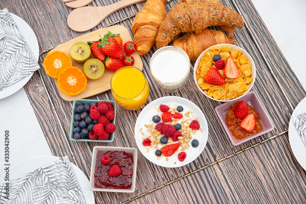 Breakfast Served in the morning with Fruit Yogurt, Butter croissant and corn flakes Whole grains and