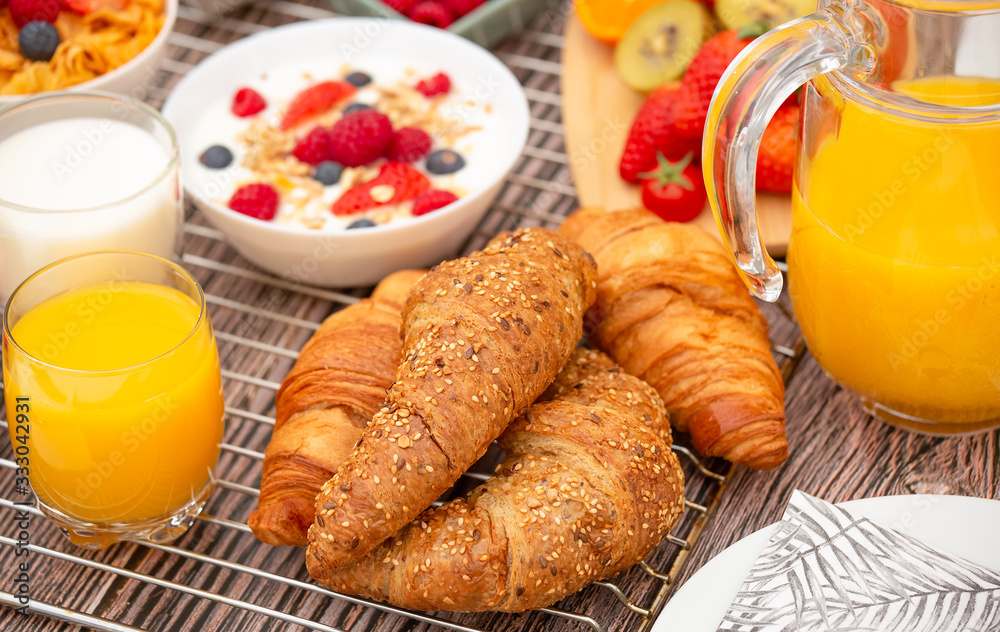 Breakfast Served in the morning with Fruit Yogurt, Butter croissant and corn flakes Whole grains and