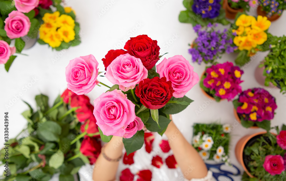 Woman Preparing to trim red and pink roses and beautiful flower arrangements in the home, flower arr