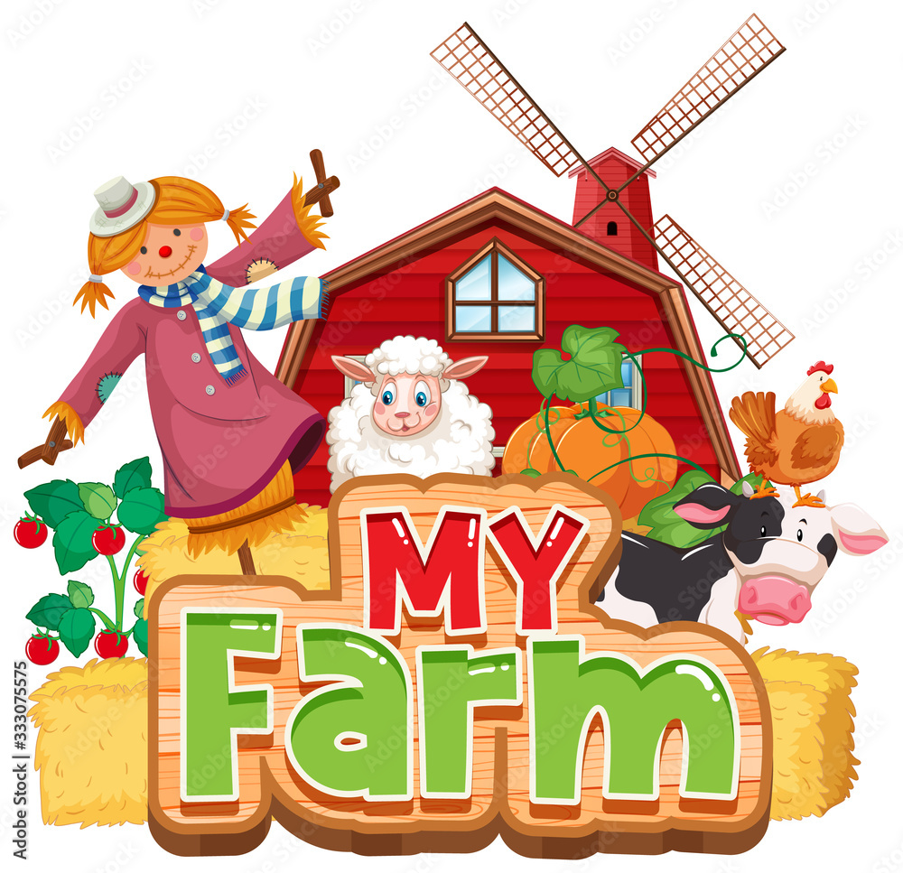 Font design for word my farm with animals and vegetables